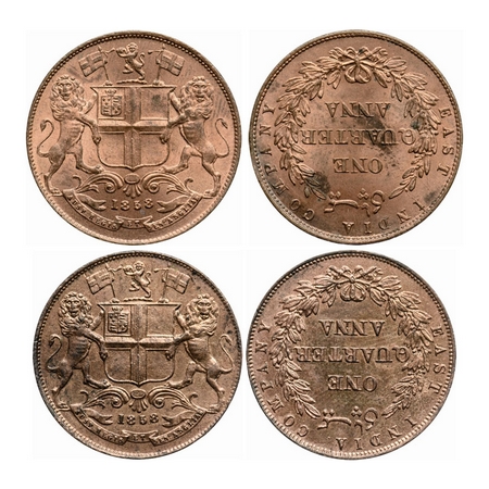 Victoria Queen, Copper, Quarter Anna (2 coins), 1858, Single Leaf and Two Leaves, R. Heato
