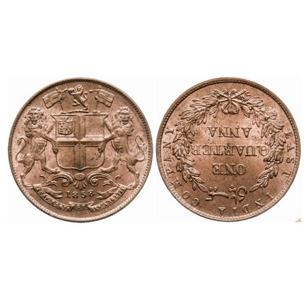 Victoria Queen, Copper, Quarter Anna, 1858, J. Watt & Co. Birmingham, Single leaf, Rev inv