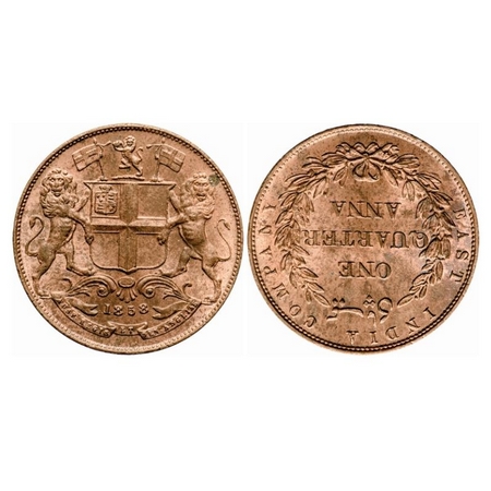 Victoria Queen, Copper, Quarter Anna, 1858, J. Watt & Co. Birmingham Mint, Single leaf, Ye