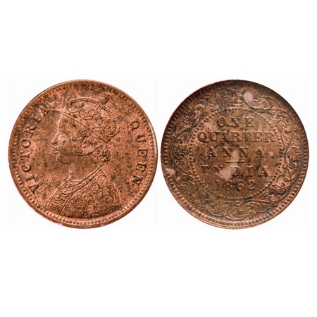 Victoria Queen, Copper, Quarter Anna, 1862, Calcutta Mint, A1/I, Tiny 'V' raised, No mint 