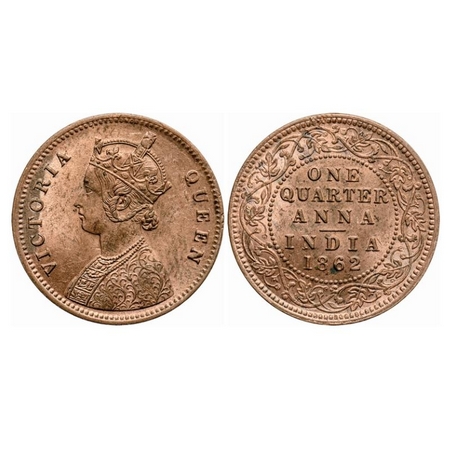 Victoria Queen, Copper, Quarter Anna, 1862, Calcutta Mint, A1/I, Tiny 'V' raised, No mint 