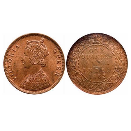 Victoria Queen, Copper, Quarter Anna, 1862, Bombay Mint, A/I, No mint mark, Tiny 'V' incus