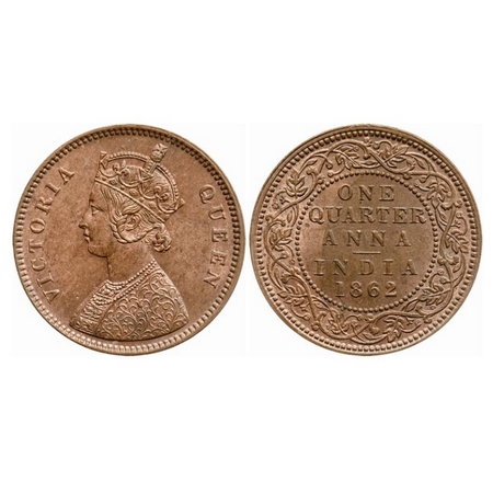 Victoria Queen, Copper, Quarter Anna, 1862, Bombay Mint, A/I. GK 397. Uncirculated. Scarce