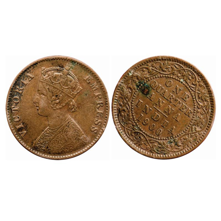 Victoria Empress, Copper, Quarter Anna, 1900, Calcutta Mint, B/II, No mint mark, 1'o clock