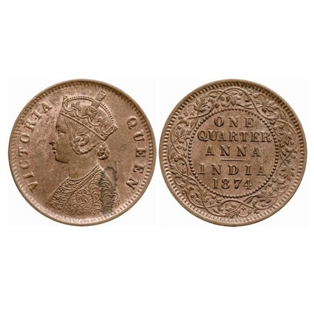 Victoria Queen, Copper, Quarter Anna, 1874, Calcutta Mint, B/II, No mint mark, Numeral 4 i