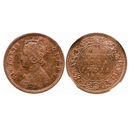 Victoria Queen, Copper, Quarter Anna, 1874, Calcutta Mint, B/II, No mint mark. GK 823. NGS