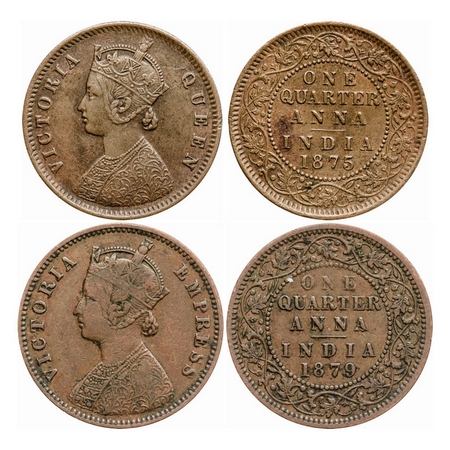 Victoria Queen and Empress, Copper, Quarter Anna (2 coins), 1875, Calcutta Mint, B/II, No 