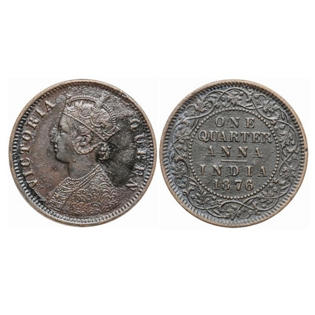 Victoria Queen, Copper, Quarter Anna, 1876, Calcutta Mint, B/II, No mint mark. GK 827. Ext