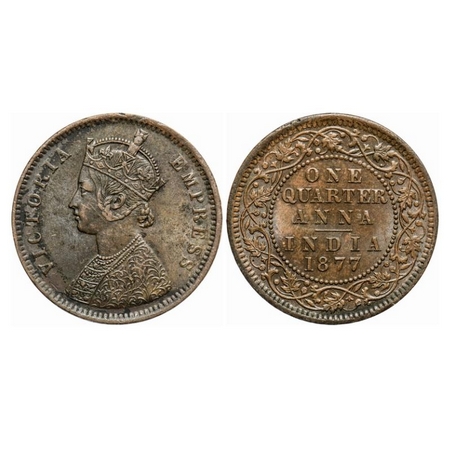Victoria Empress, Copper, Quarter Anna, 1877, Calcutta Mint, B/II, No mint mark. GK 829. E
