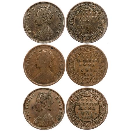 Victoria Empress, Copper, Quarter Anna (3 coins), 1879(2), 1882, Calcutta Mint, B/II, 'C' 