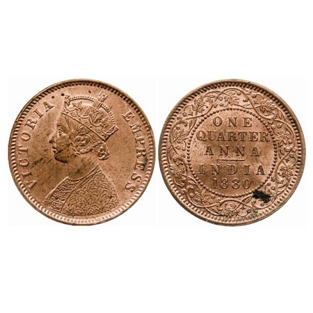 Victoria Empress, Copper, Quarter Anna, 1880, Calcutta Mint, B/II, 'C' incused, Die cracks