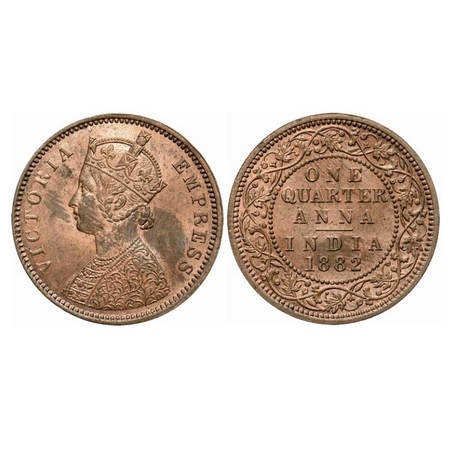 Victoria Empress, Copper, Quarter Anna, 1882, Calcutta Mint, B/II, 'C' incused. GK 835. Un
