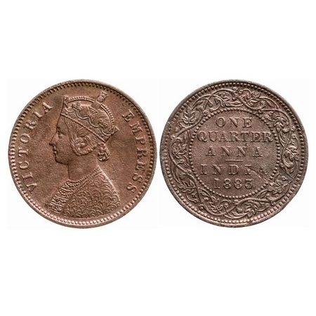 Victoria Empress, Copper, Quarter Anna, 1883, Calcutta Mint, B/II, 'C' incused. GK 837. Ve