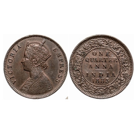 Victoria Empress, Copper, Quarter Anna, 1883, Calcutta Mint, B/II, 'C' incused. GK 837. Ve