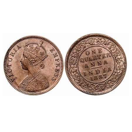 Victoria Empress, Copper, Quarter Anna, 1887, Calcutta Mint, B/II, 'C' incused, Ghost on r