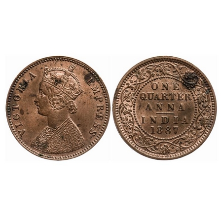 Victoria Empress, Copper, Quarter Anna, 1887, Calcutta Mint, B/II, 'C' incused, Ghost on r