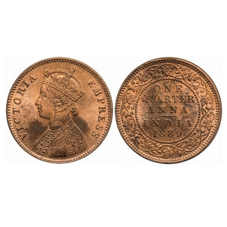 Victoria Empress, Copper, Quarter Anna, 1889, Calcutta Mint, B/II, No mint mark. GK 848. U