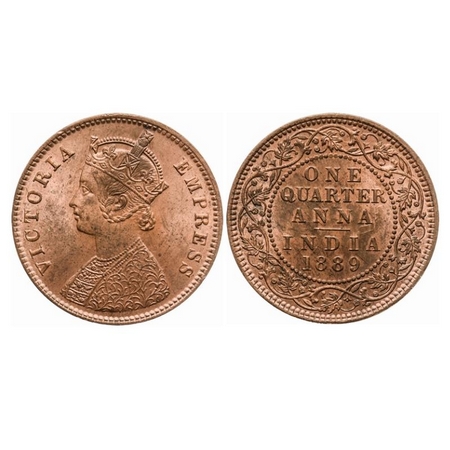 Victoria Empress, Copper, Quarter Anna, 1889, Calcutta Mint, B/II, No mint mark. GK 848. U