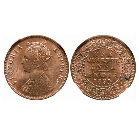 Victoria Empress, Copper, Quarter Anna, 1891, Calcutta Mint, B/II, No mint mark. GK 850. N