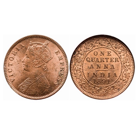 Victoria Empress, Copper, Quarter Anna, 1891, Calcutta Mint, B/II, No mint mark. GK 850. N