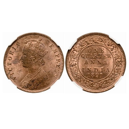 Victoria Empress, Copper, Quarter Anna, 1891, Calcutta Mint, B/II, No mint mark. GK 850. N