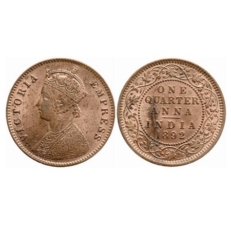 Victoria Empress, Copper, Quarter Anna, 1892, Calcutta Mint, B/II, No mint mark, Multiple
