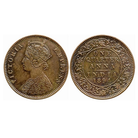 Victoria Empress, Copper, Quarter Anna, 1894, Calcutta Mint, B/II, No mint mark. GK 853. U