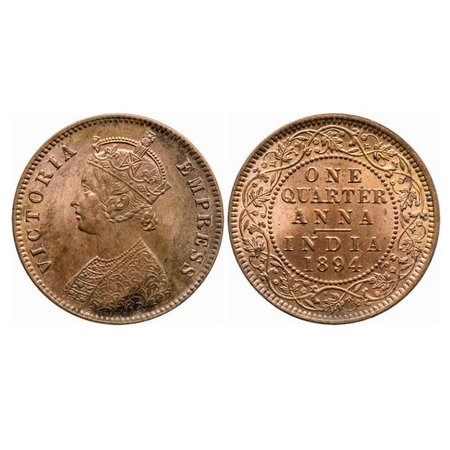 Victoria Empress, Copper, Quarter Anna, 1894, Calcutta Mint, B/II, No mint mark. GK 853. U