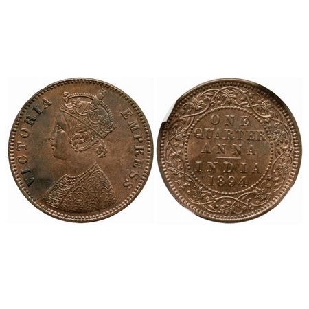 Victoria Empress, Copper, Quarter Anna, 1894, Calcutta Mint, B/II, No mint mark. GK 853. N