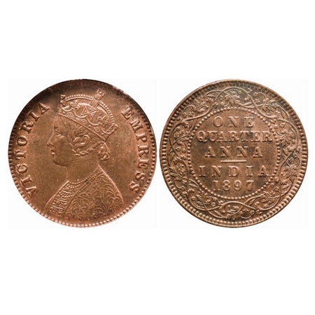 Victoria Empress, Copper, Quarter Anna, 1897, Calcutta Mint, B/II, No mint mark, GK Unlist