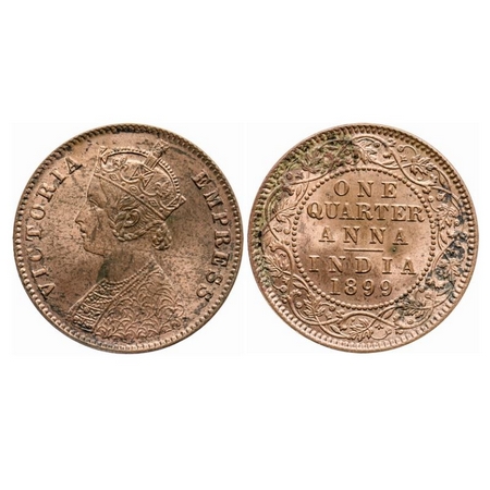 Victoria Empress, Copper, Quarter Anna, 1899, Calcutta Mint, B/II, No mint mark. GK 858. U