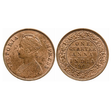 Victoria Empress, Copper, Quarter Anna, 1900, Calcutta mint, B/II, No mint mark, Ghost on 
