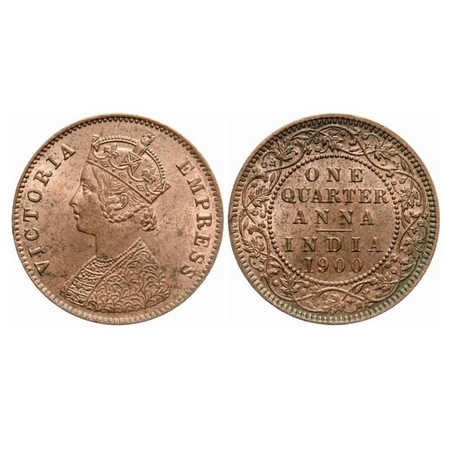 Victoria Empress, Copper, Quarter Anna, 1900, Calcutta Mint, B/II, No mint mark. GK 859. U
