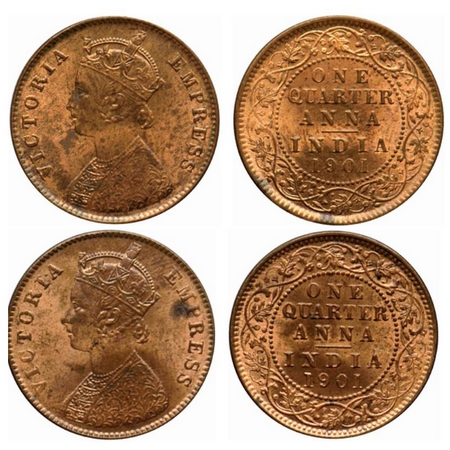 Victoria Empress, Copper, Quarter Anna (2 coins), 1901, Calcutta Mint, B/II, No mint mark.