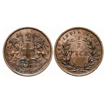 Victoria Queen, Copper, 1/2 Pice, 1853, Calcutta Mint, B/I. GK 235. Almost Uncirculated De
