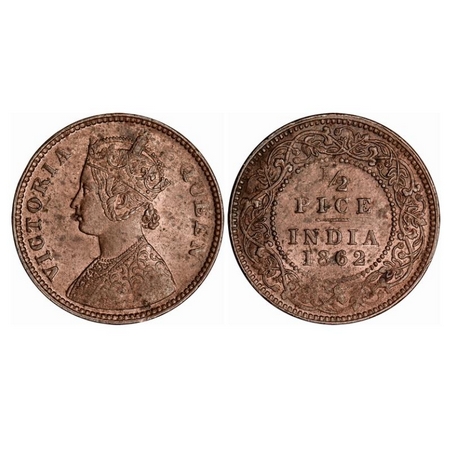 Victoria Queen, Copper, 1/2 Pice, 1862, Calcutta Mint, A/I, Small diameter. GK 400. Weak S