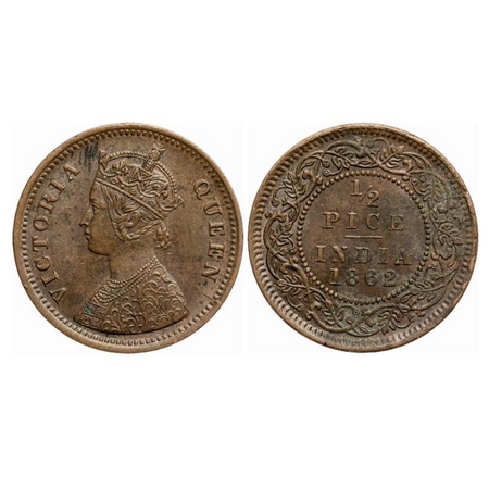 Victoria Queen, Copper, 1/2 Pice, 1862, Calcutta Mint, A/I. GK 401. Uncirculated details. 