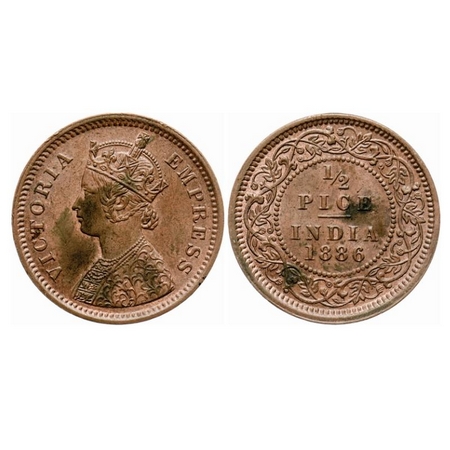Victoria Empress, Copper, 1/2 Pice, 1886, Calcutta Mint, A/I, No mint mark. GK 865. About 