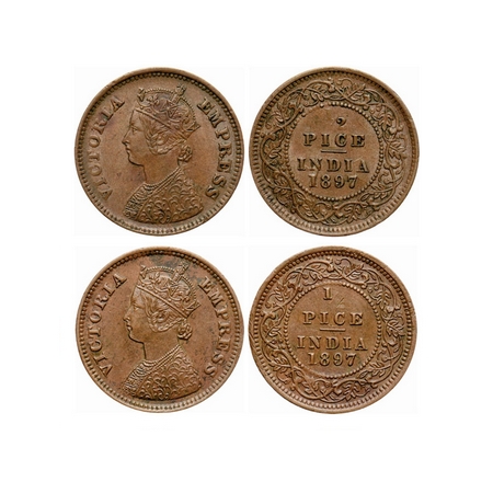 Victoria Empress, Copper, 1/2 Pice (2 coins), 1897, Calcutta Mint, A/I, No mint mark. Erro
