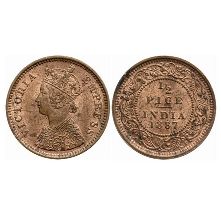 Victoria Empress, Copper, 1/2 Pice, 1887, Calcutta Mint, A/I, No mint mark, Ghost on rev,