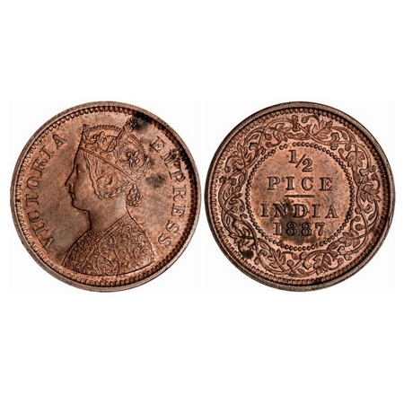 Victoria Empress, Copper, 1/2 Pice, 1887, Calcutta Mint, A/I, No mint mark. GK 867. About 