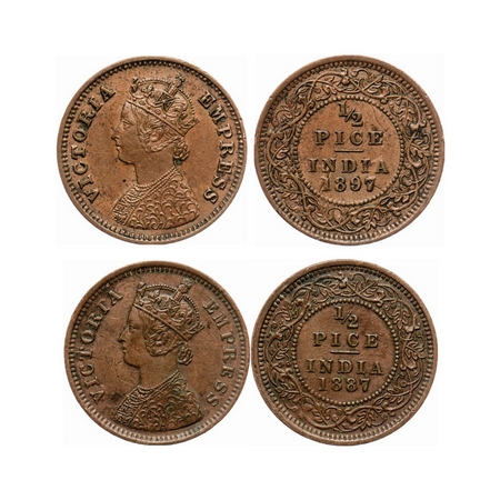Victoria Empress, Copper, 1/2 Pice (2 coins), 1887, 1897, Calcutta Mint, A/I, No mint mark