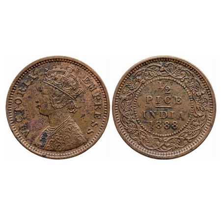 Victoria Empress, Copper, 1/2 Pice, 1888, Calcutta Mint, A/I, No mint mark. GK 868. Extrem
