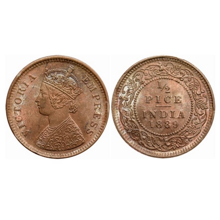 Victoria Empress, Copper, 1/2 Pice, 1889, Calcutta Mint, A/I, No mint mark, Ghost on rev, 