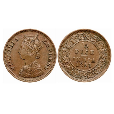 Victoria Empress, Copper, 1/2 Pice, 1898, Calcutta Mint, A/I, No mint mark. GK 878. Almost