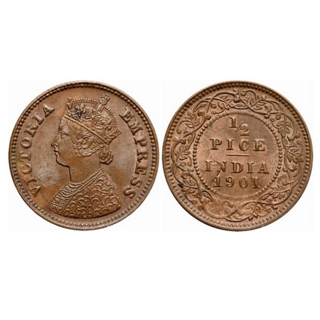 Victoria Empress, Copper, 1/2 Pice, 1901, Calcutta Mint, A/I, No mint mark. GK 881. Uncirc