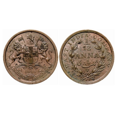 Victoria Queen, Copper, 1/12 Anna, 1848, Calcutta Mint, 23 Berries (13L + 10R), Rev aligne