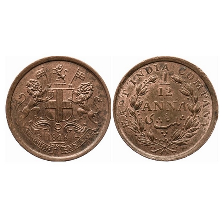 Victoria Queen, Copper, 1/12 Anna, 1848, Calcutta Mint, Wreath with 23 Berries (13L + 10R)