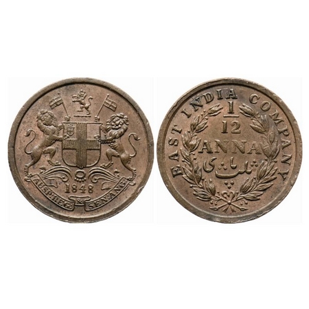 Victoria Queen, Copper, 1/12 Anna, 1848, Calcutta Mint, Wreath with 23 Berries (13L + 10R)