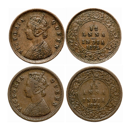 Victoria Queen, Copper, 1/12 Anna (2 coins), 1875, 1)Bombay Mint, Obv 'A', No mint mark. 2